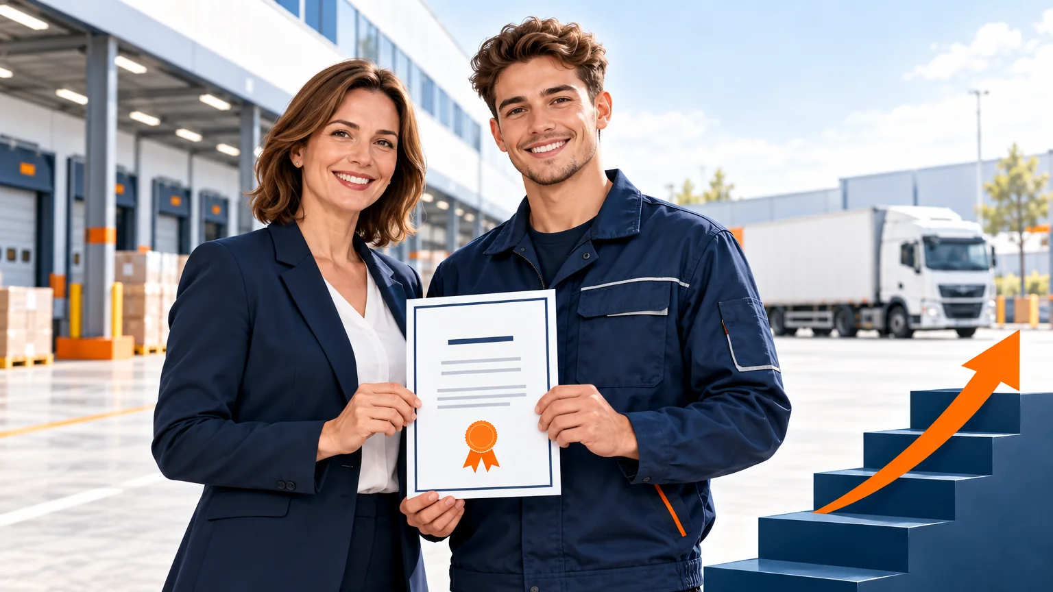 AEVO Ausbildung abschließen: Ausbilderin und Auszubildender halten nach bestandener Prüfung das Zeugnis