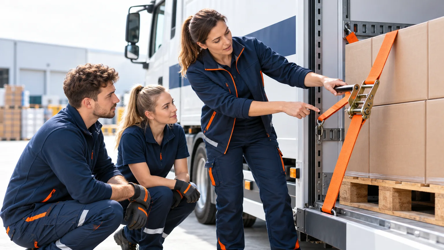AEVO Ausbildung durchführen: Ausbilderin zeigt zwei Auszubildenden am Lkw, wie ein Zurrgurt gespannt wird