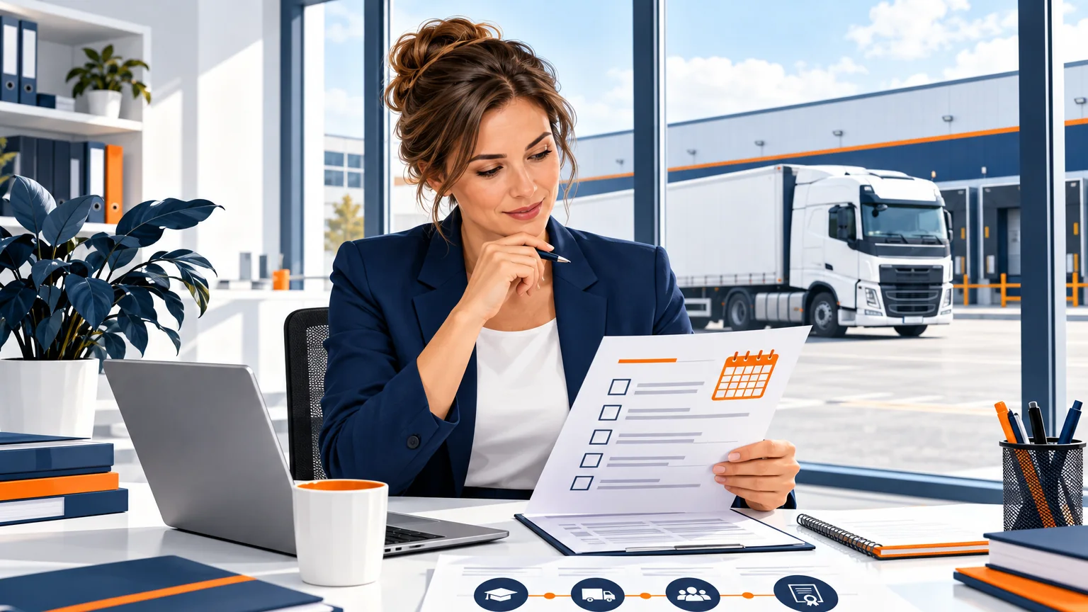 AEVO Ausbildung planen: Ausbilderin plant die Ausbildung mit Checkliste und Kalender am Schreibtisch