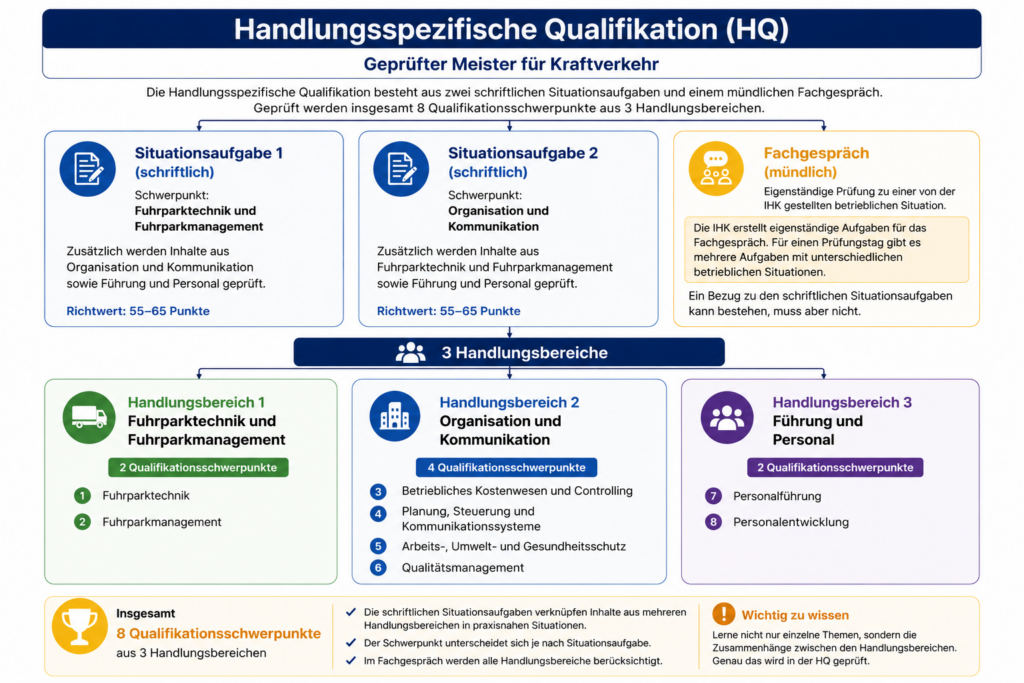 Infografik zur Handlungsspezifischen Qualifikation (HQ) mit den Handlungsbereichen Fuhrparktechnik und Fuhrparkmanagement, Organisation und Kommunikation sowie Führung und Personal.