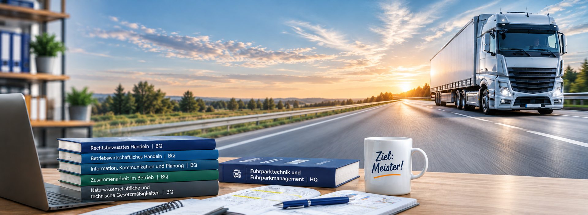Schreibtisch mit Lehrbüchern zur Basisqualifikation und Tasse „Ziel: Meister!“, im Hintergrund ein Lkw auf der Autobahn bei Sonnenaufgang – Vorbereitung zum Industriemeister Kraftverkehr